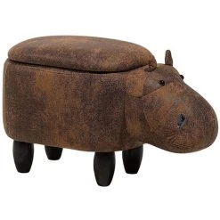 Beliani Modern Faux Leather Stool Brown Upholstery Storage Solid Wood Animal Hippo